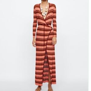 Zara Small Orange, Brown Stripe Metallic Knit Wrap Maxi Dress